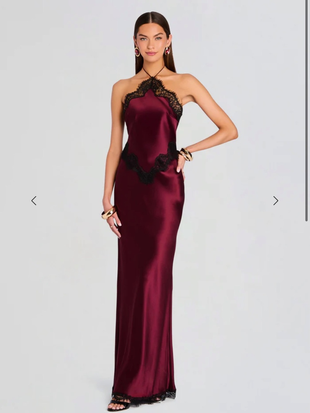 Retrofete Everly Lace Dress Burgundy Strapless Satin Gown with Black Lace Trim